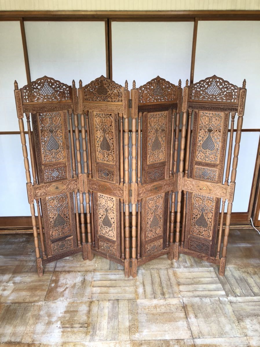 アンティーク 衝立 四面 透かし彫り パーテーション 木彫り 鶴 松 竹