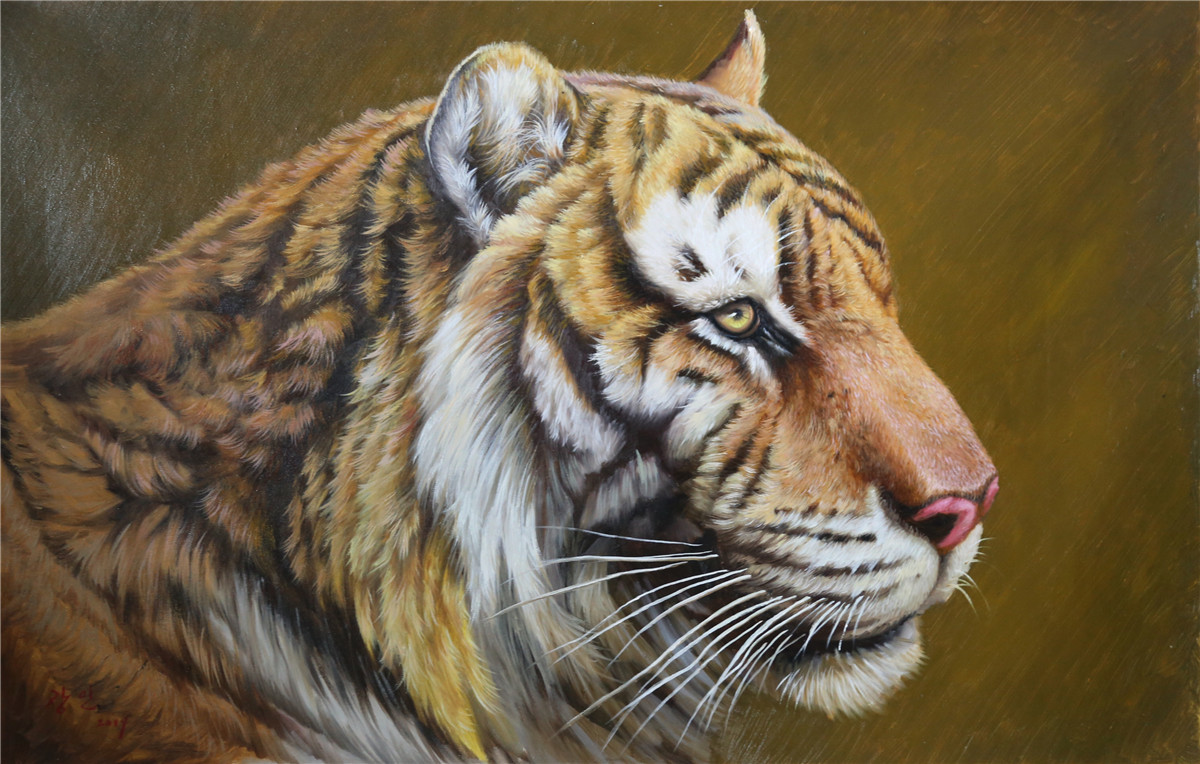 ☆秀作☆手書き油絵 タイガー（虎） 額付 絵画 インテリア 油彩画