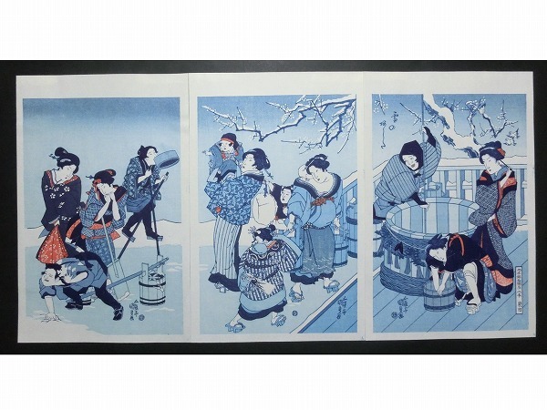 歌川国貞【雪のあした】☆三枚続 浮世絵 錦絵 美人画 木版画 藍摺 摺物