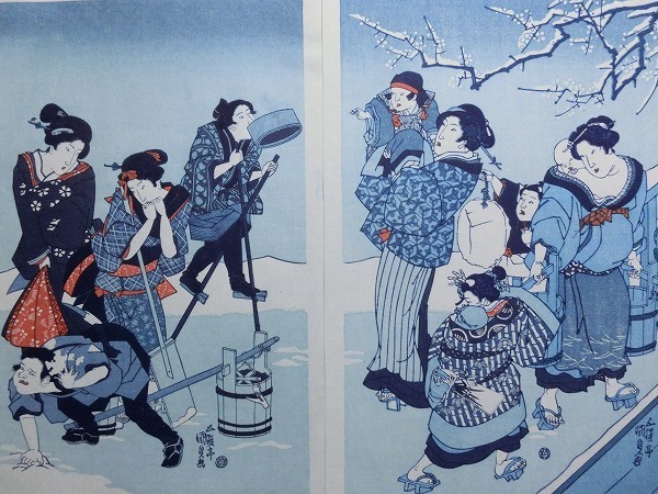 歌川国貞【雪のあした】☆三枚続 浮世絵 錦絵 美人画 木版画 藍摺 摺物