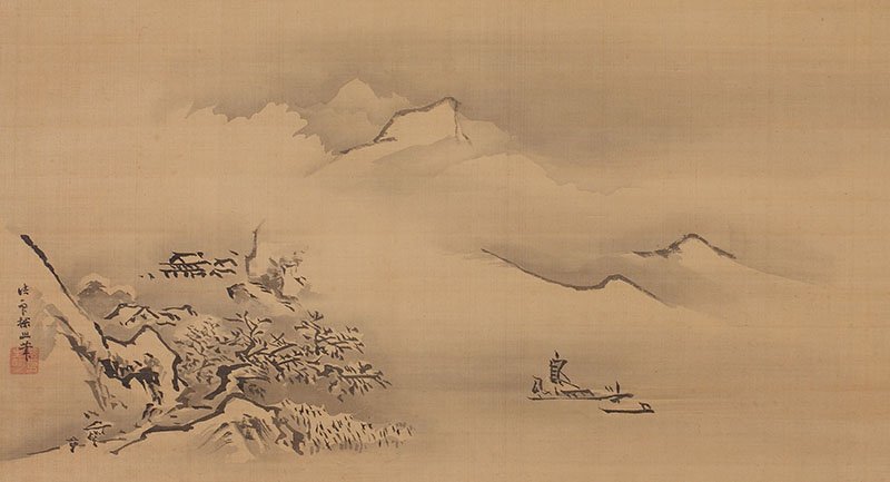 模写/狩野探幽/山水図/布袋屋掛軸HI-317 やや傷や汚れあり】【模写