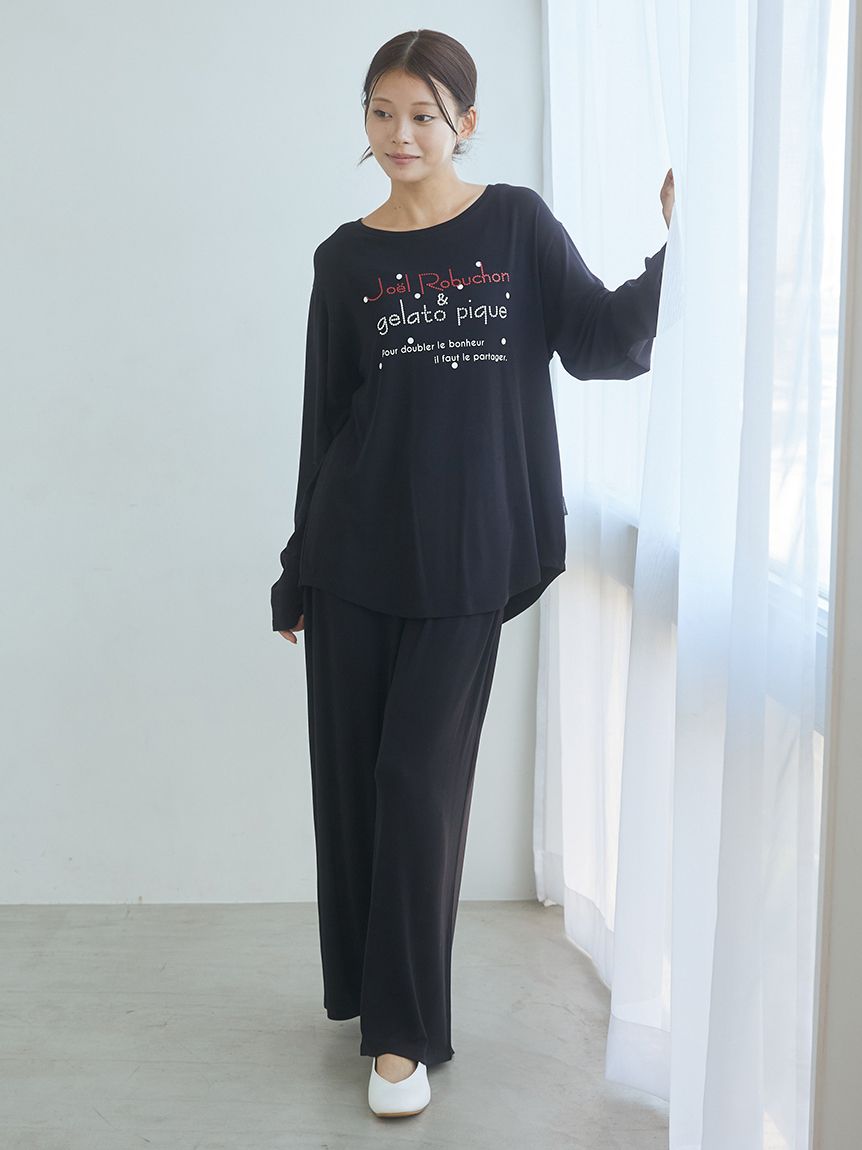 ジェラピケ ドットワンポイント ロンT ブラック ロングパンツセット