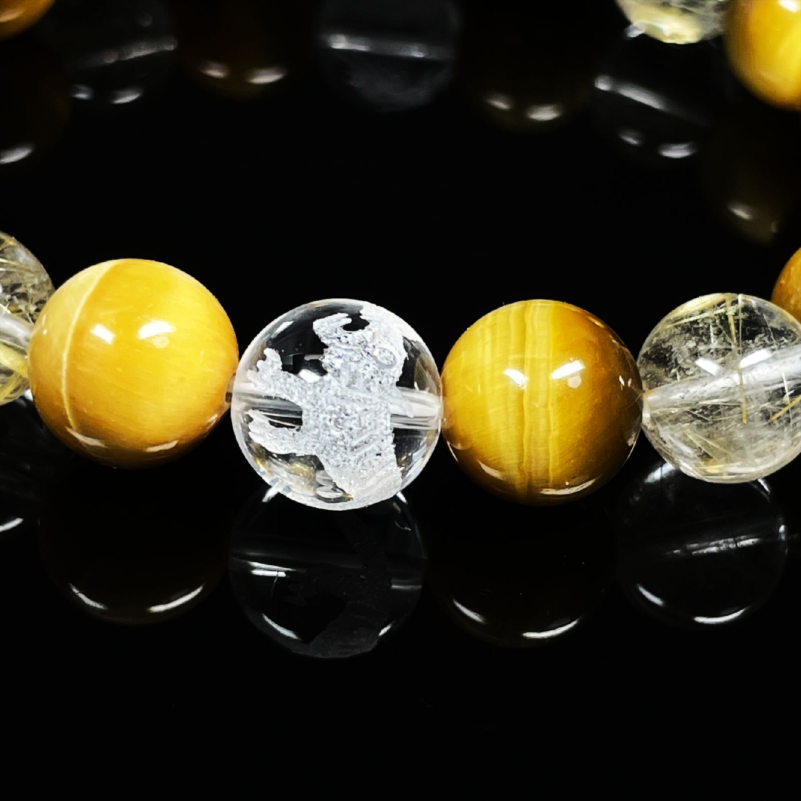 才能開花数珠］10ミリ 素彫四神獣 本水晶 ゴールデンタイガーアイ