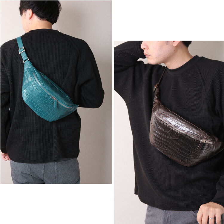 クロコダイル メンズ ウエストバッグ マット 加工 ボディバッグ保証書