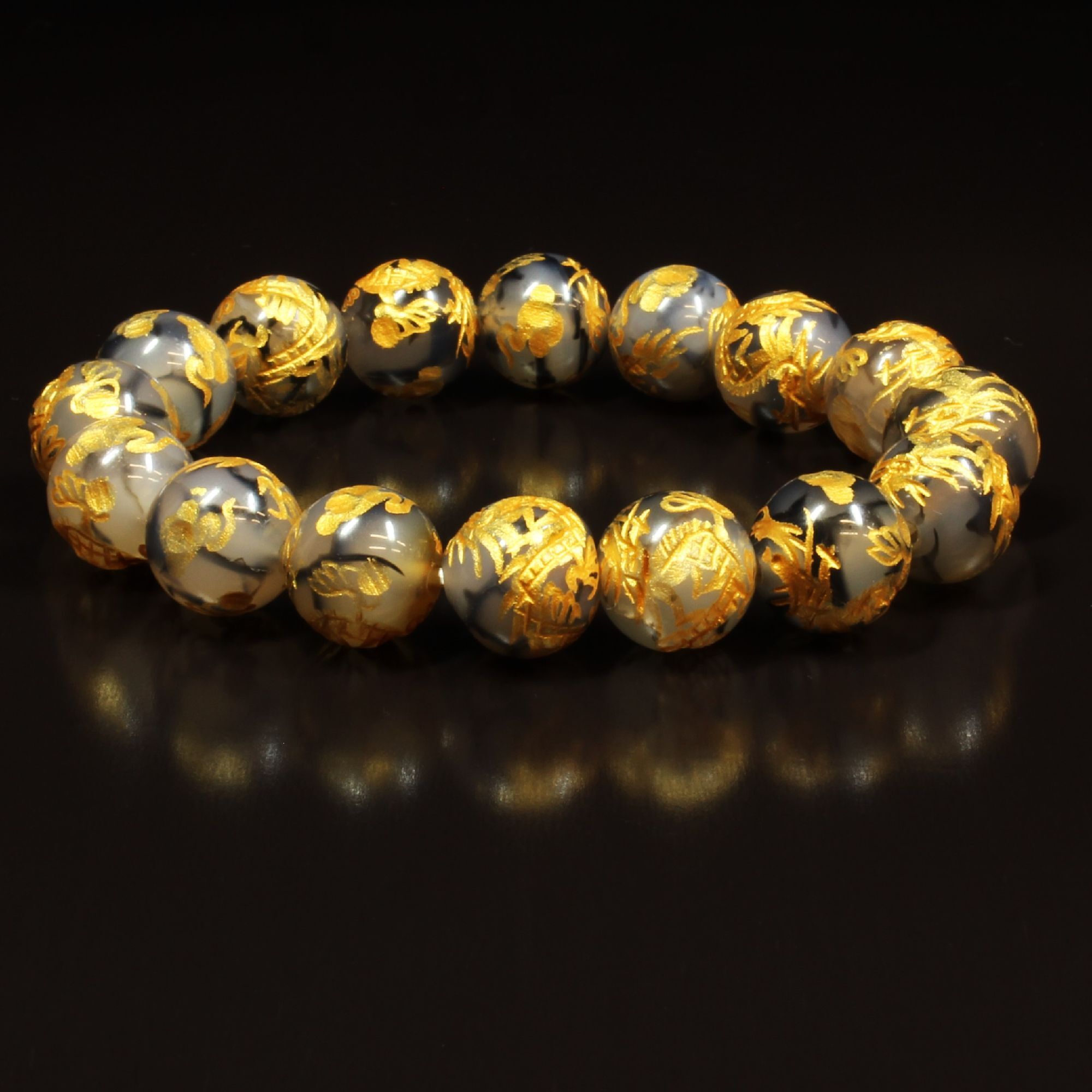 迫力を感じる龍の紋章数珠］12ミリ 風水神 皇帝龍 ドラゴンアゲート 龍