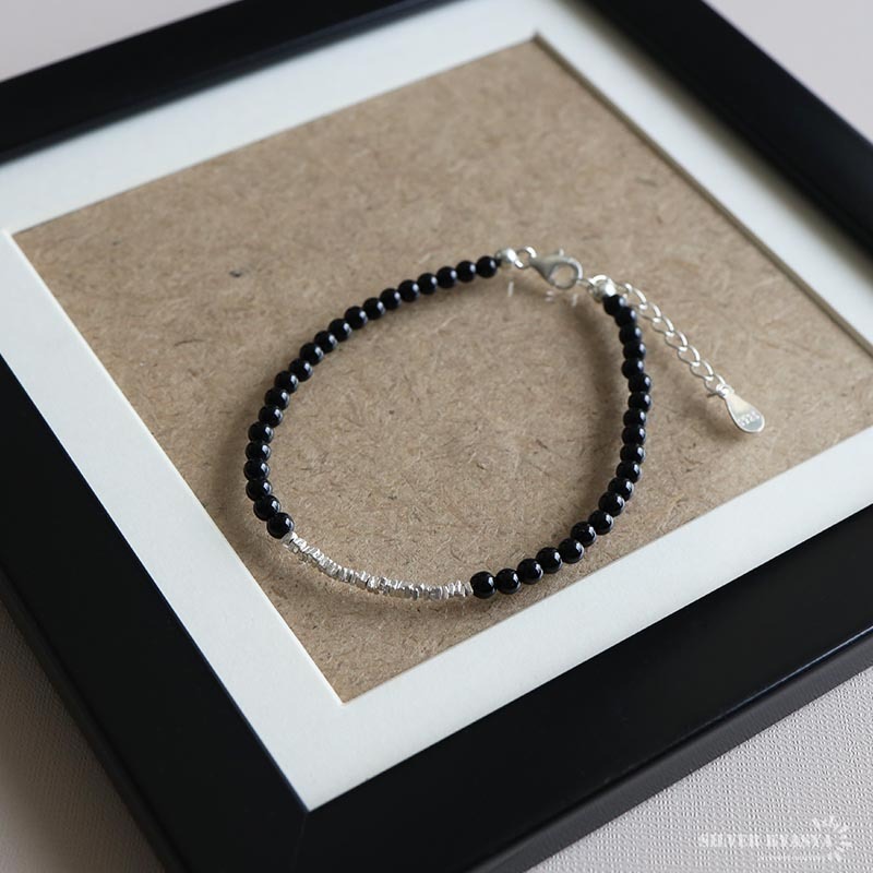 シルバー925 天然オニキスブレスレット 不揃いビーズブレスレット