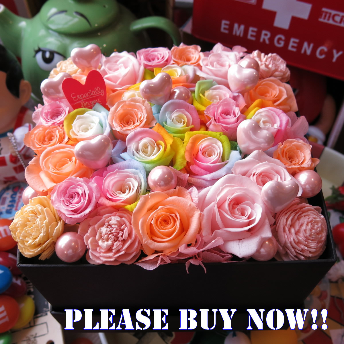 レインボーローズ プリザーブドフラワー入り ボックスフラワー 誕生日