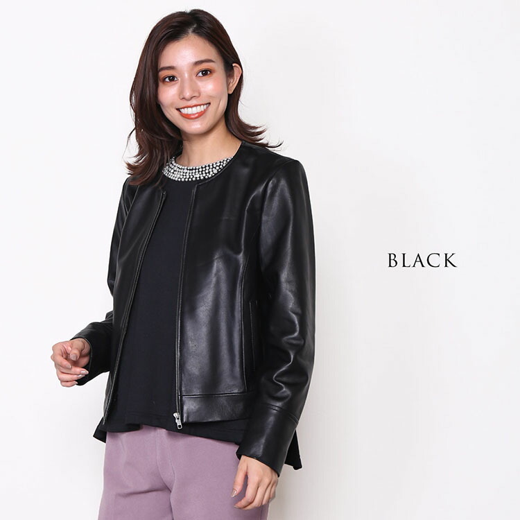 バルマン ラムレザージャケット 羊革 ネイビー ノーカラー バルマン