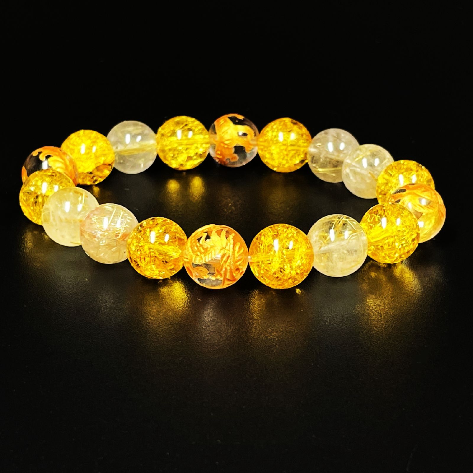 最強金運数珠］10ミリ 金彫四神獣 本水晶 シトリン 黄水晶クラック