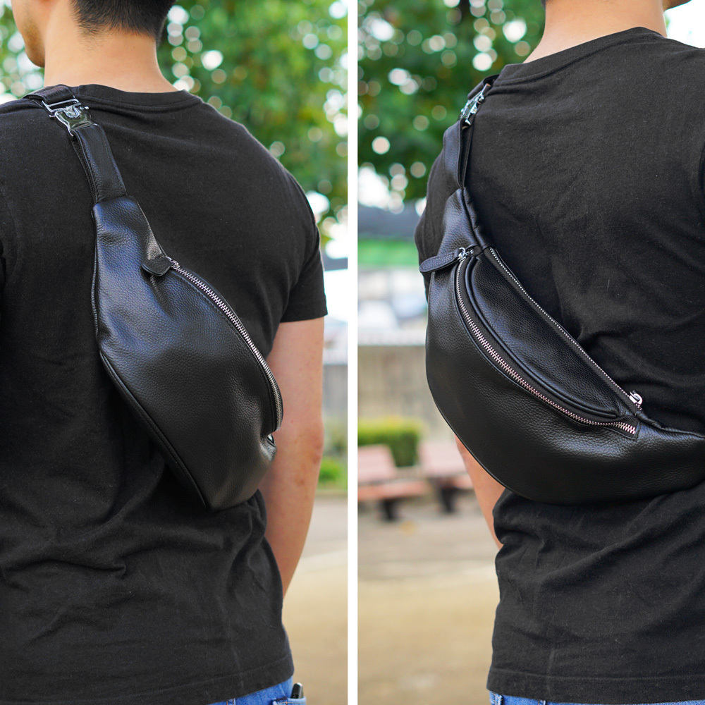 m0851 ユニセックス ショルダーバッグ 黒 レザー ボディバッグ 軽量