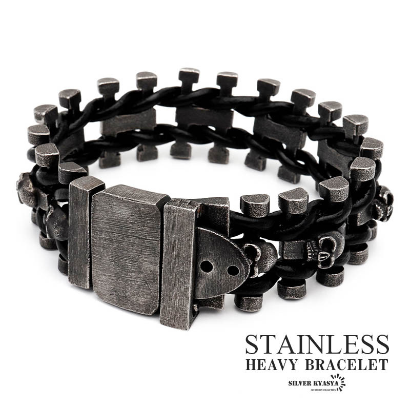 重厚 ブレスレット メンズ 本革 レザーブレスレット スカル