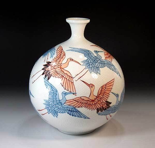 有田焼 陶芸家 藤井錦彩作】有田焼美術品 染錦群鶴絵飾り花瓶 文字入れ