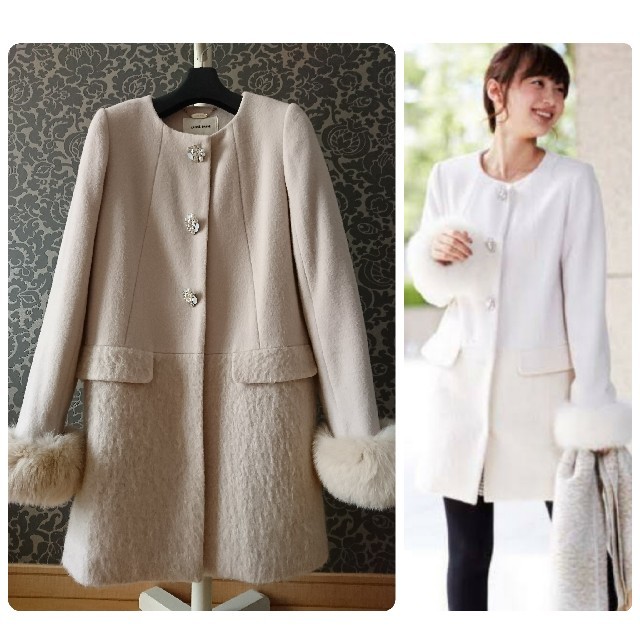 LAISSE PASSE - レッセパッセ ビジューボタン 異素材切替コート モヘヤ