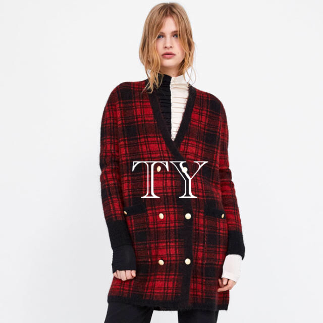 ZARA - 完売品 ザラ チェック柄 ジャケット ガウン ダブルブレスト 赤