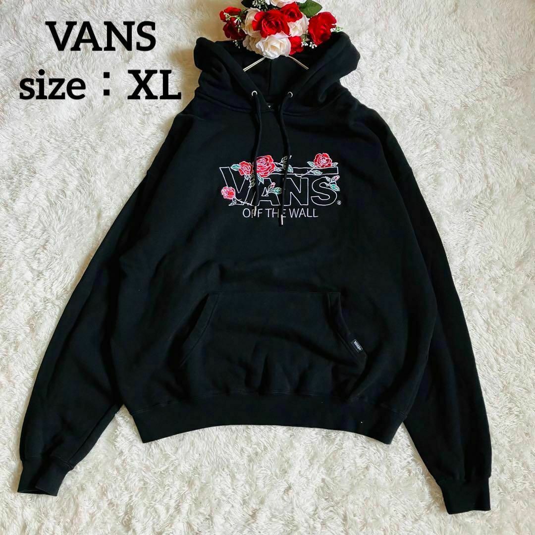 希少】ヴァンズ パーカー 薔薇バラ刺繍 デカロゴ 黒 XLの通販 by