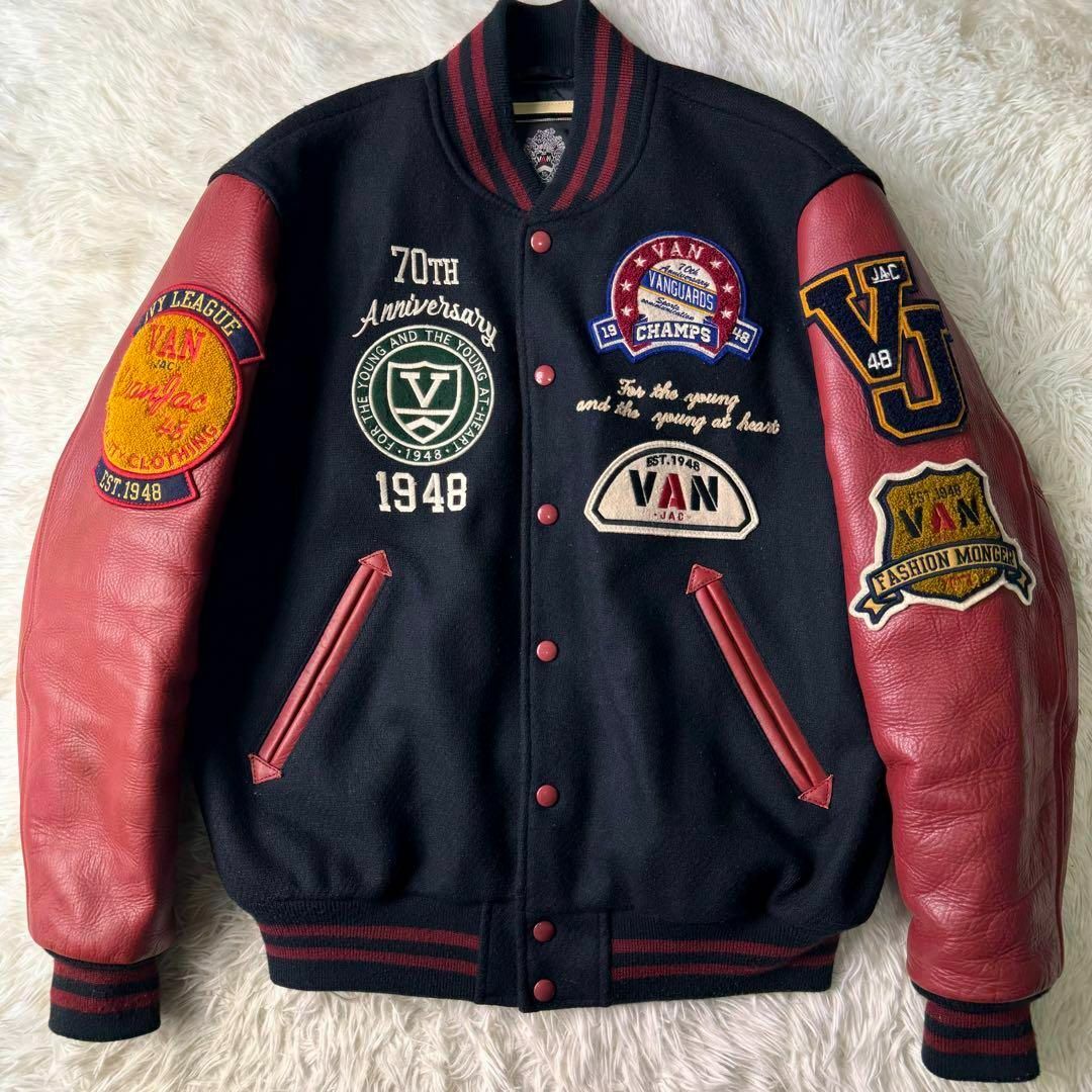 美品/希少✨VAN JACKET スタジャン袖レザーアーチロゴLL