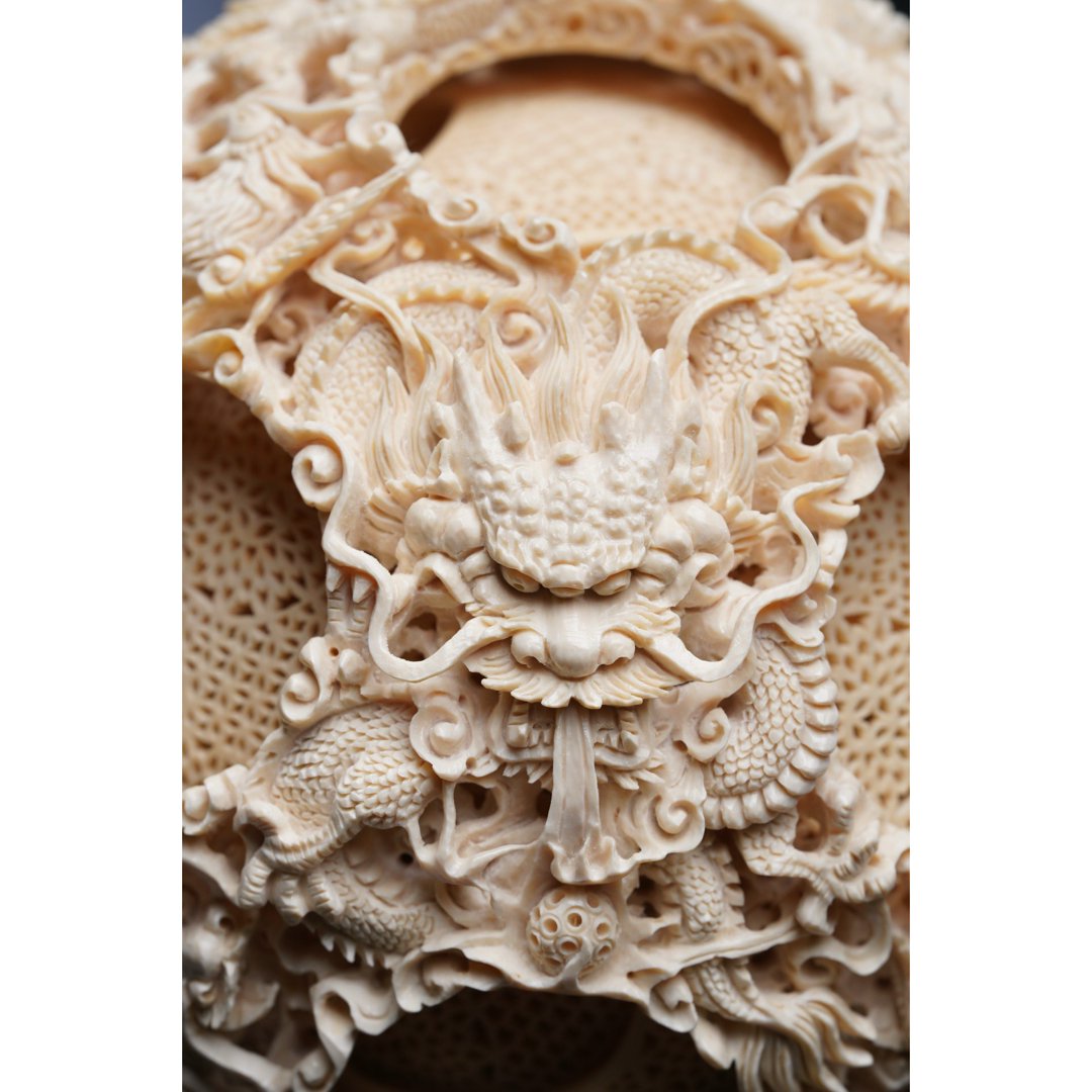 天然マンモス牙美しい手作り彫刻至尊九龍戯珠 置物 天然マンモス牙