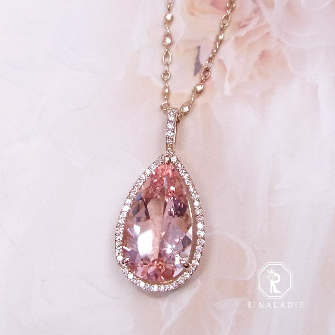 極】K18PG大粒9.9ctUPモルガナイト☆ペアシェイプ大粒華やかペンダント