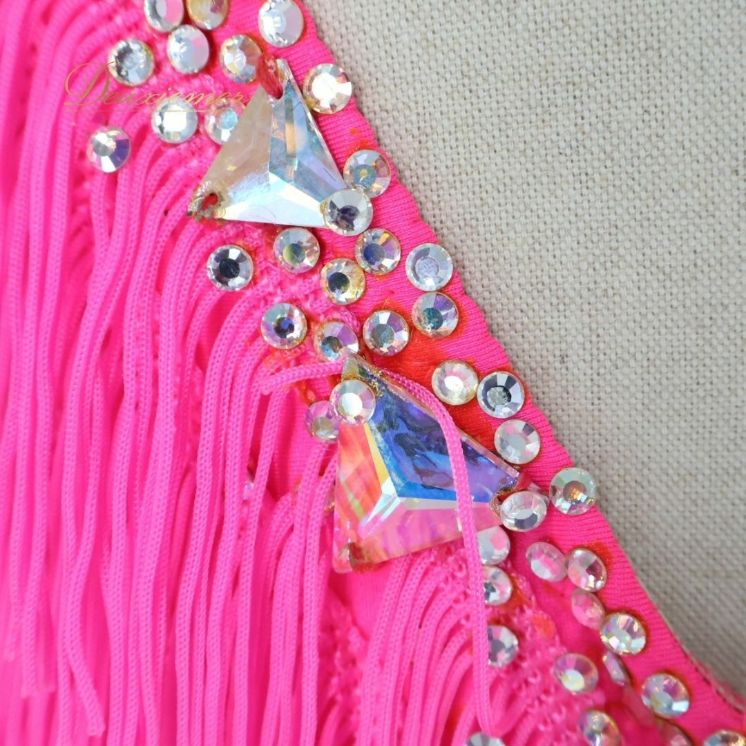 社交ダンス衣装】ピンク ラテン ドレス ワンピース フリンジ 蛍光 デモ