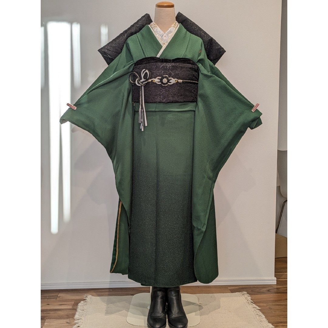 振袖フルセット 身丈165裄69.5 色無地 染め分け 暈し 緑 三つ紋