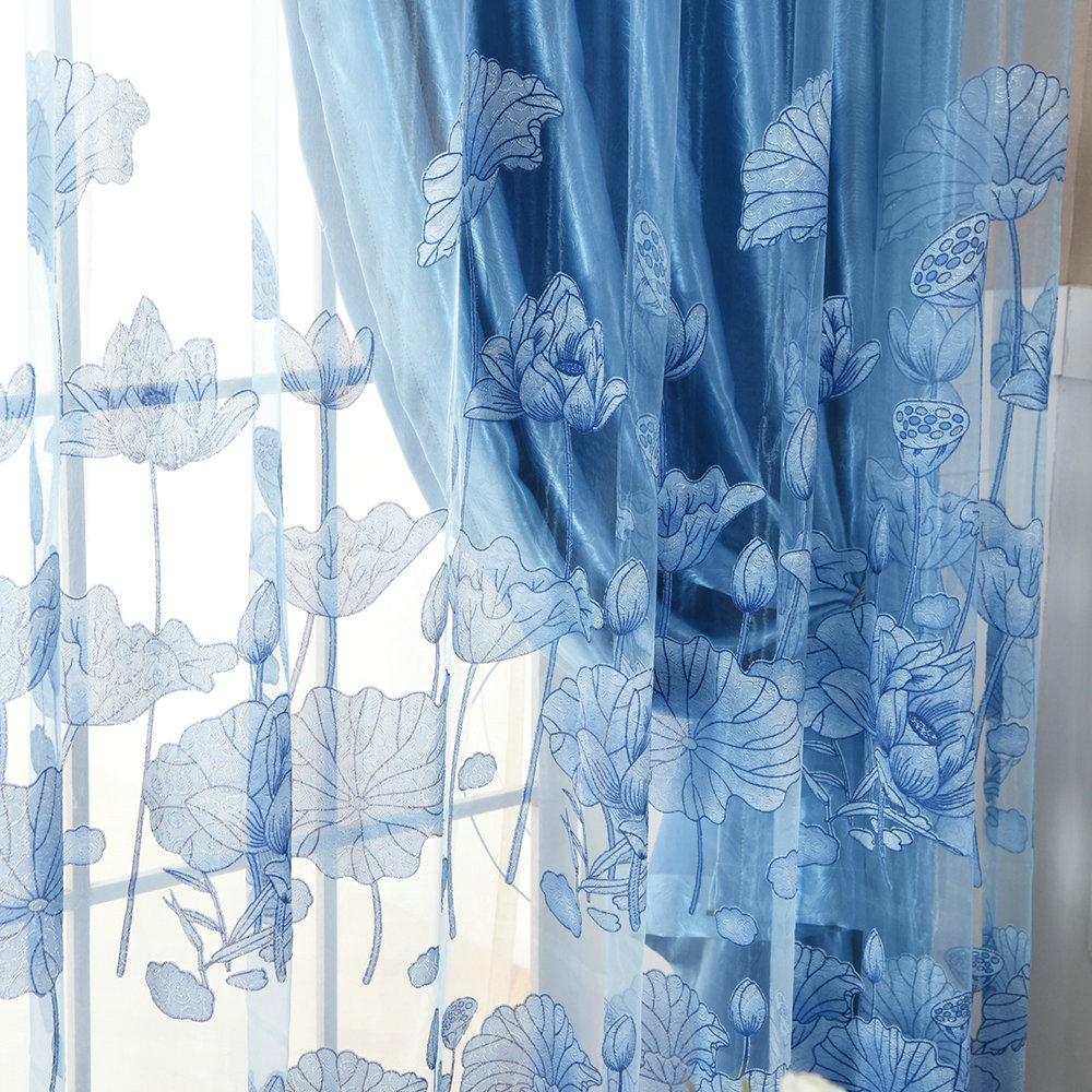 魚柄の白いカーテンと青いレースカーテンのセット 190✖️190 魚柄の