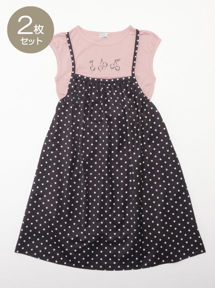 ドットプリントキャミワンピ&ロングチュニックセット（ワンピース＋