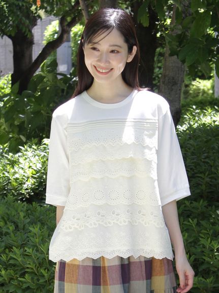 エンブロイダリーレーステープミックス×30/-天竺Tシャツ（Tシャツ