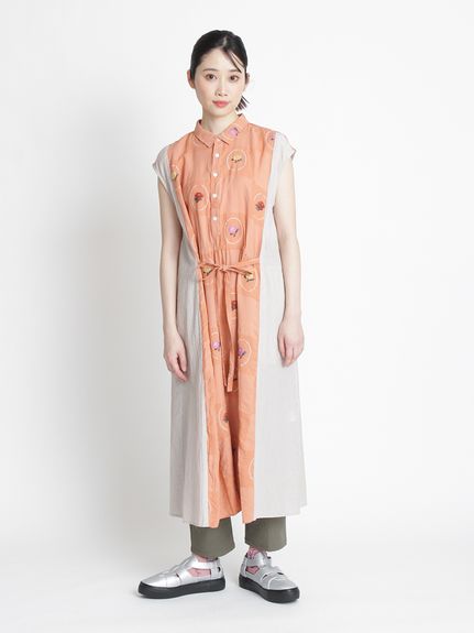 窓辺の花ジャカード×ストライプノースリーブワンピース（ノースリーブ