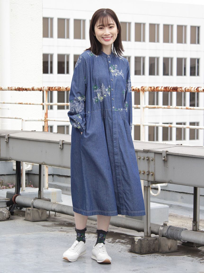 七里 前開きワンピース グリーンチェック L（120-130） 七里 前開き