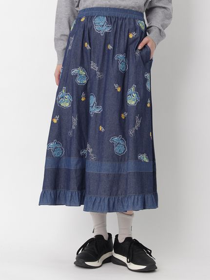 ライトオンスデニム ローズスケッチ刺繍スカート(裏地無し)（ロング