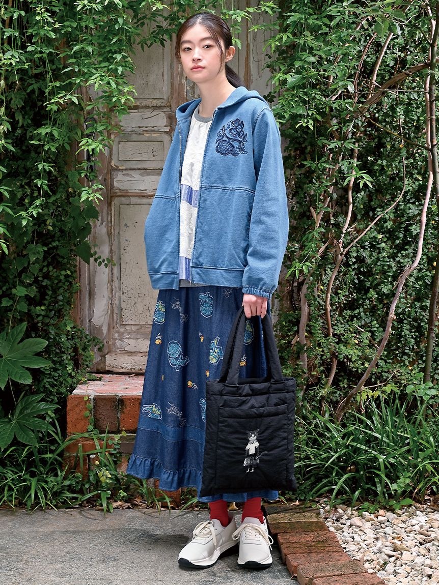 ライトオンスデニム ローズスケッチ刺繍スカート(裏地無し)（ロング