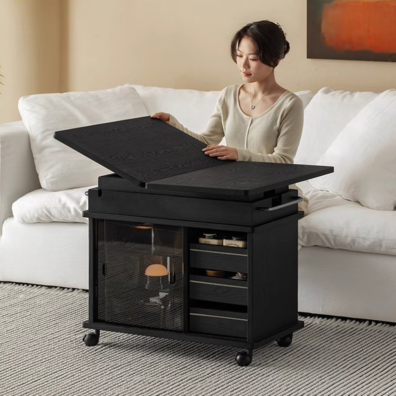 Woody Auraモダンリフトアップ式ローテーブル | 天板昇降＆収納で