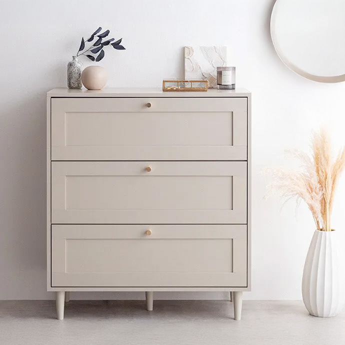 框デザイン木製幅80cm3段チェスト | 框デザイン採用 ピンクカラーで