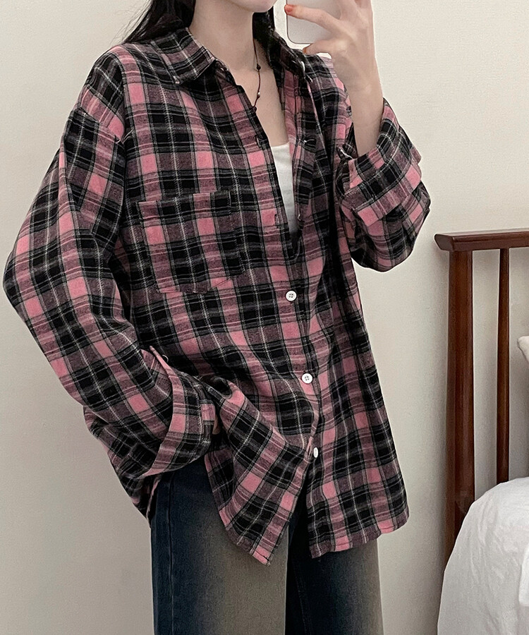 ピンクチェックルーズフィットウール混シャツ｜シャツ｜韓国