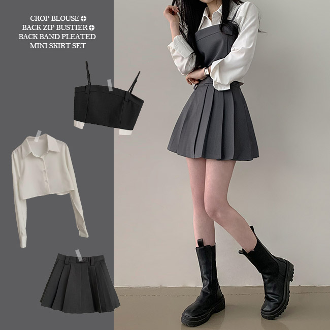 SET】クロップブラウス＋ビスチェ＋プリーツミニスカート｜ツーピース