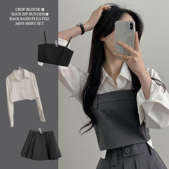 SET】クロップブラウス＋ビスチェ＋プリーツミニスカート｜ツーピース