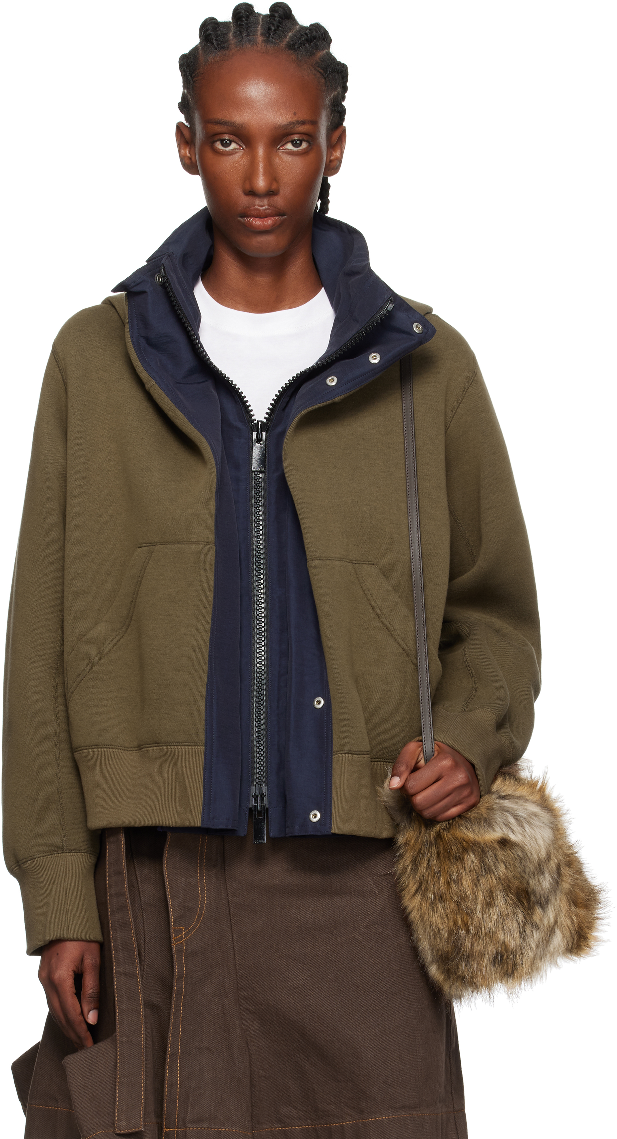 Khaki & Navy Sponge Sweat x Grosgrain Hoodie by sacai on Sale