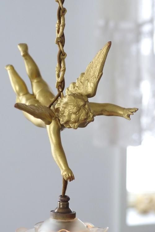 0452フランスアンティークエンジェル天使 薔薇ローズシェード1灯