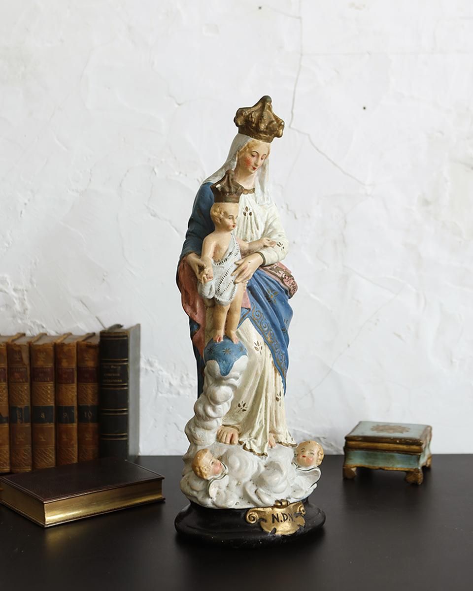 フランスアンティーク 聖母マリア様の石膏像 幼子のイエス・キリスト像