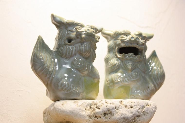 新生活に福福しい玉乗り福シーサー コンパクト 翡翠色 通販