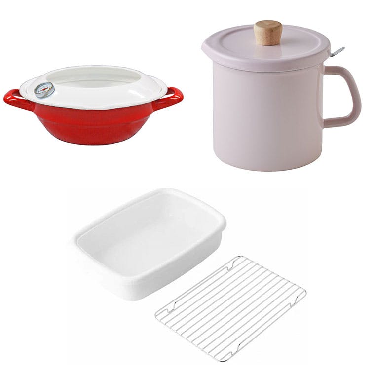 天ぷら鍋 オイルポット 網付きホーロー容器 調理器具 3点セット 富士