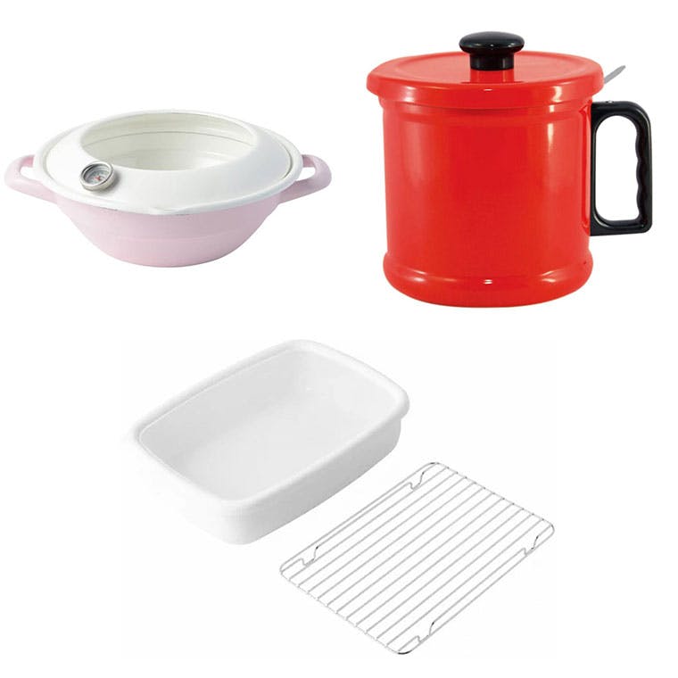 天ぷら鍋 オイルポット 網付きホーロー容器 調理器具 3点セット 富士