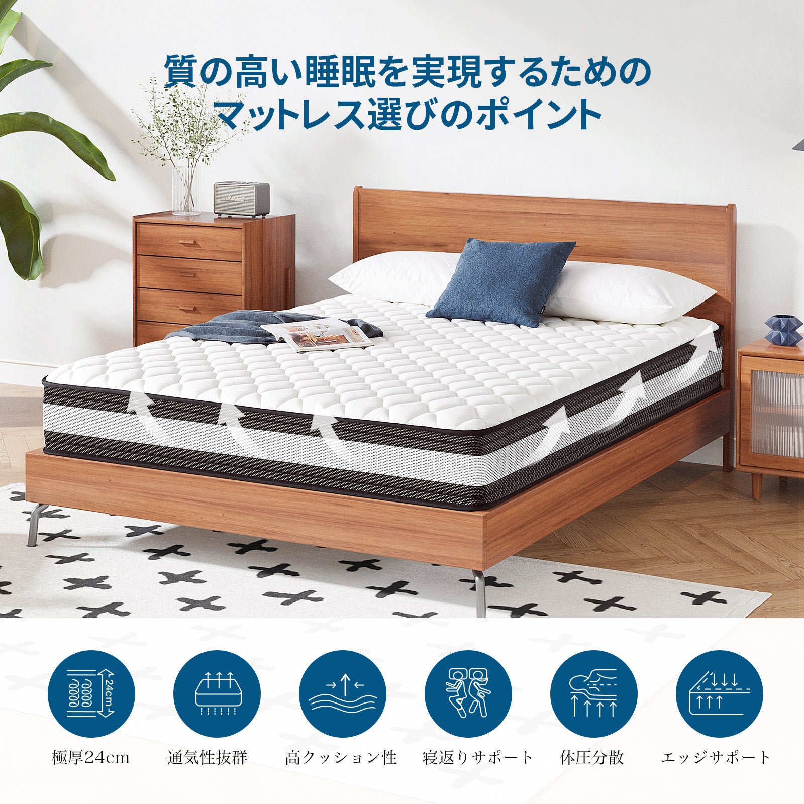 Inofia マットレス 高反発 極厚24cm ポケットコイル 体圧分散 快適睡眠