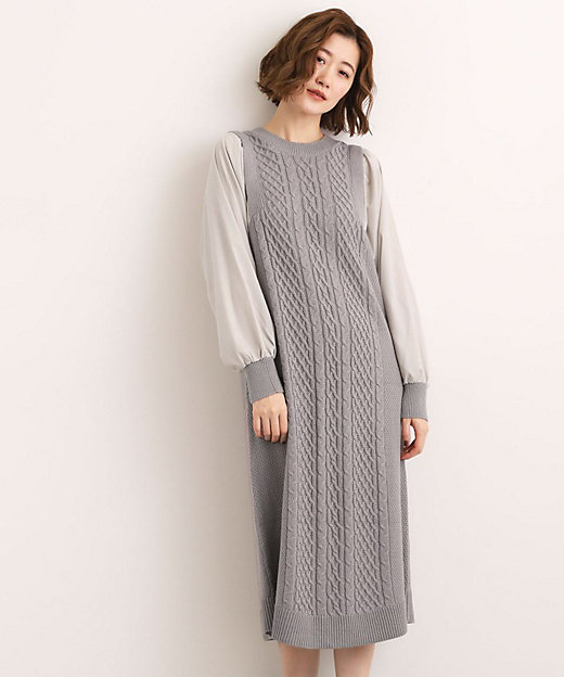 一枚で華やぐ、袖布帛ケーブルニットワンピース（2002538418