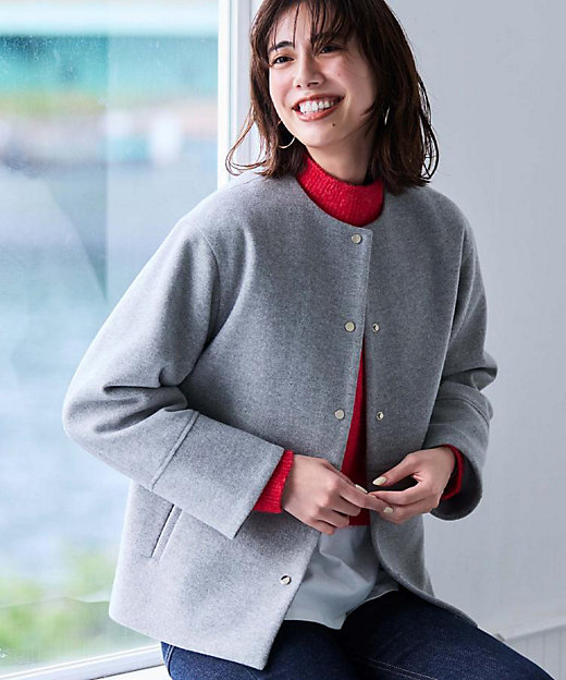 ウールライクメルトンノーカラーコート【洗濯機洗い可