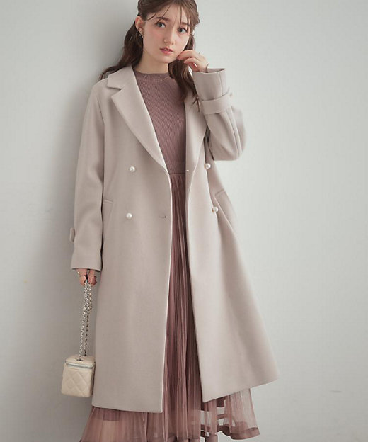 大人上品・ベルト付き】パール調ボタンチェスターコート