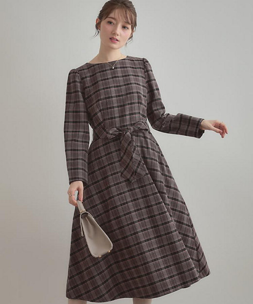 大人可愛い・微起毛】先染めチェック柄フィット＆フレアワンピース