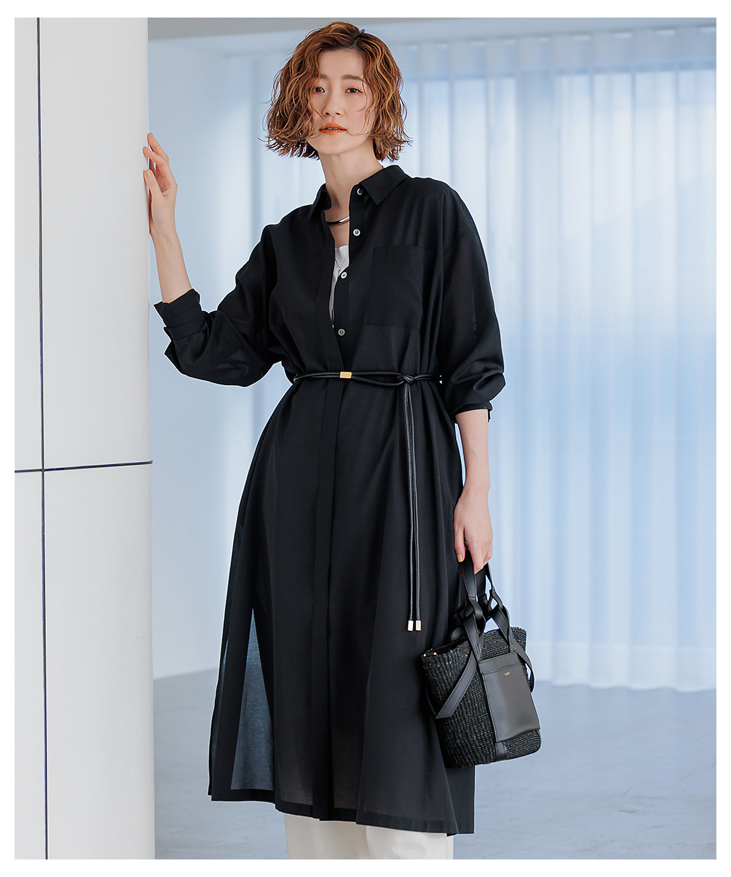 洗える】シアーマットクロス ロング シャツ（BLWOCM0505