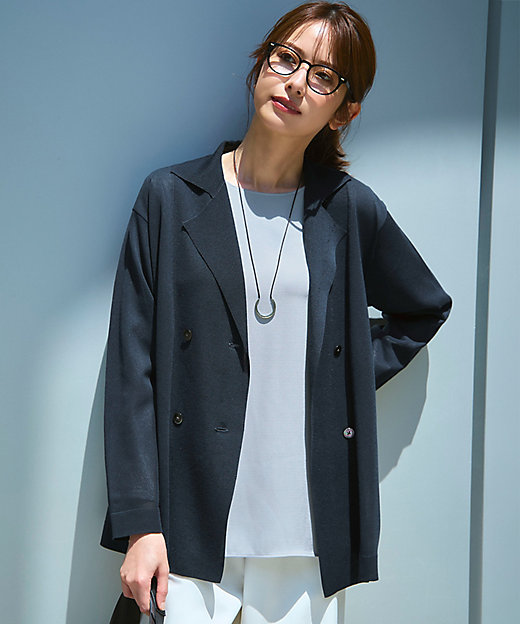 洗える】シアー ダブルブレスト ニット ジャケット