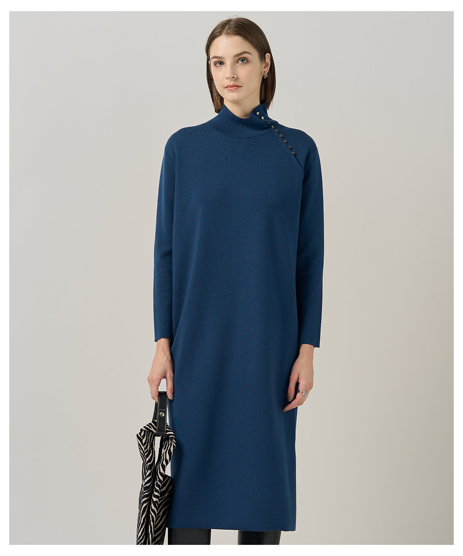 洗える】 シルキーウールダブルフェイス ハイネックニットワンピース